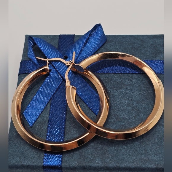 Sterling Silver 925 Rose Gold Plated Plain 3D Design Plain Hoop Earrings 30MM - Picture 7 of 9